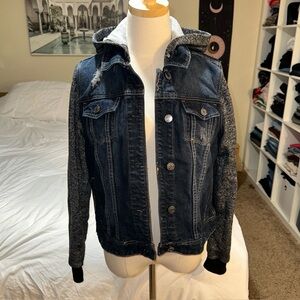 Rue21 | Women’s Denim Jacket Faux Hoodie Distressed Button Down Dark Wash